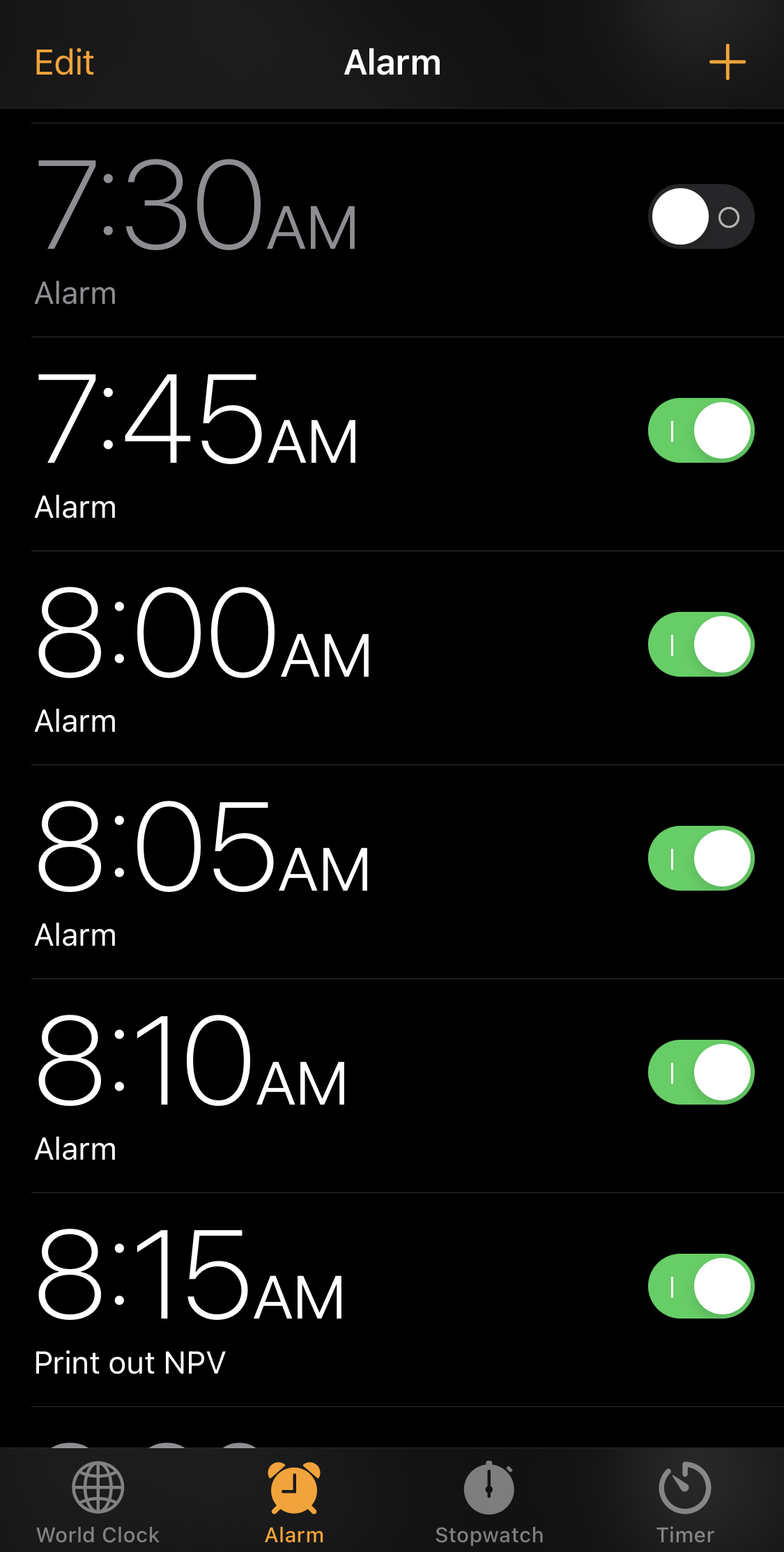Lots of alarms to scroll through and old TODOs that I've left for
myself in the alarm names.